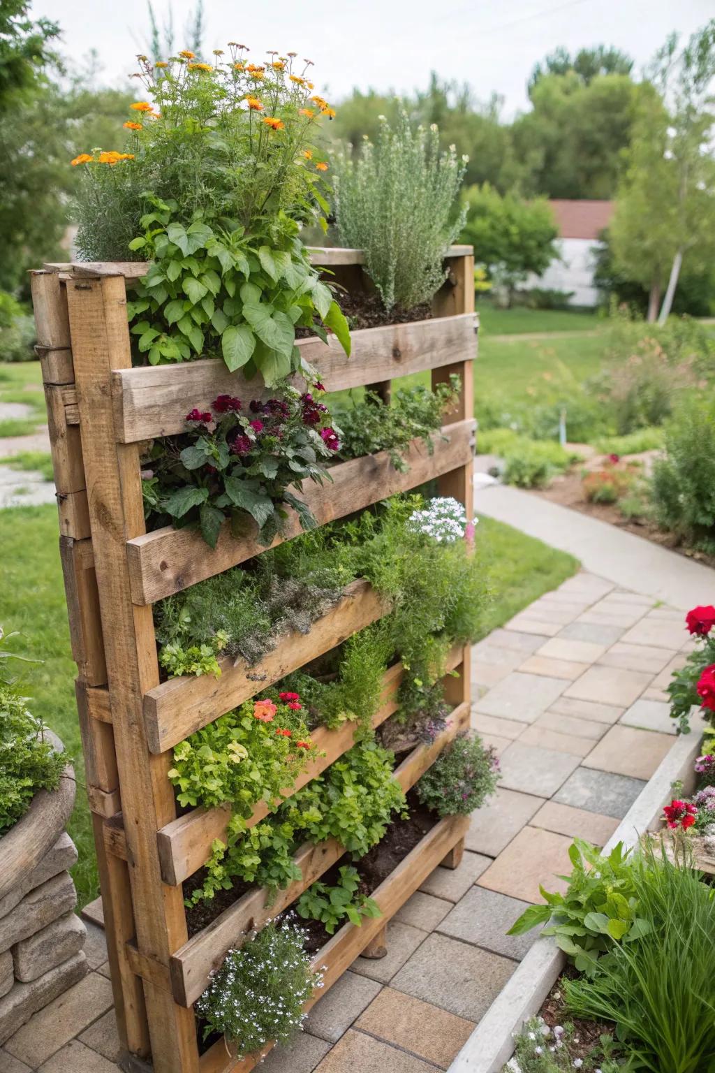 A lively vertical garden created using a repurposed wooden frame.