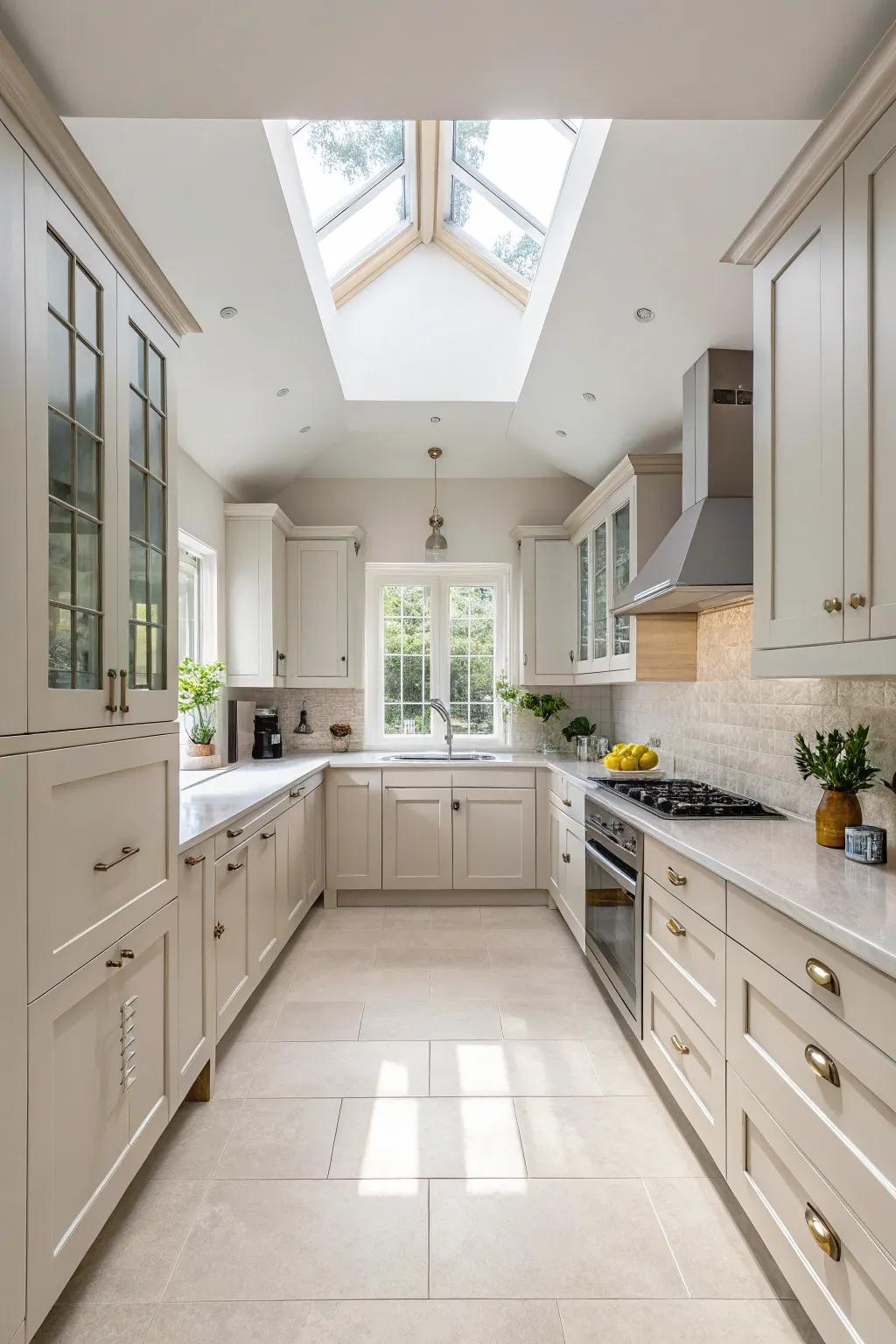 Cabinets that soar upwards provide added storage and a feeling of spaciousness.