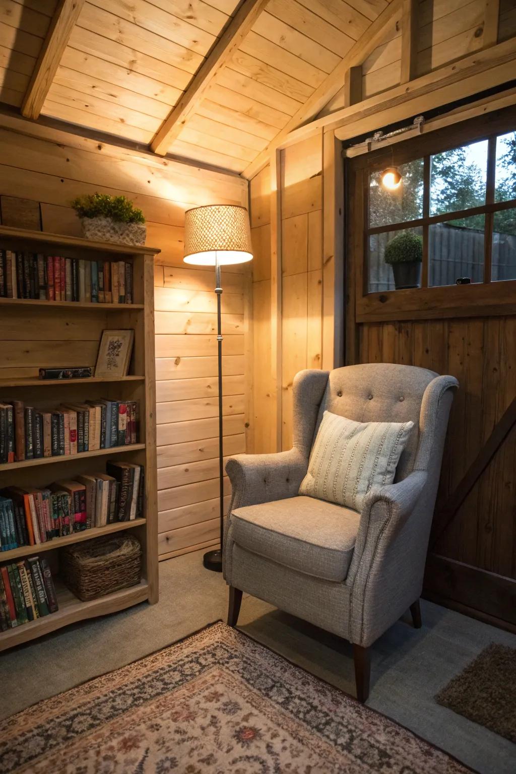 Transform your shed into a serene reading getaway with a comfortable arrangement.