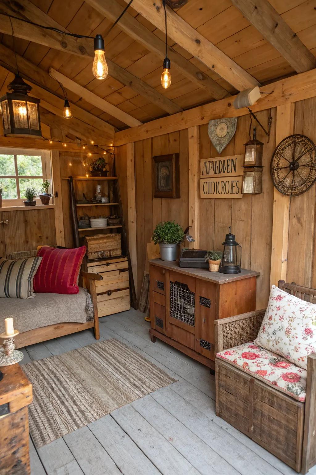 A country-style hideaway featuring timber cladding and vintage décor for a cozy, rural feel.