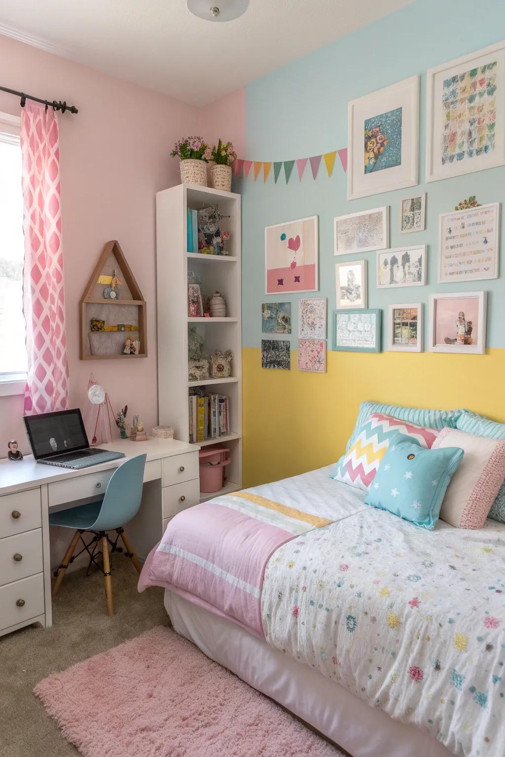 Soft colors establish a peaceful atmosphere while introducing a dash of playfulness.