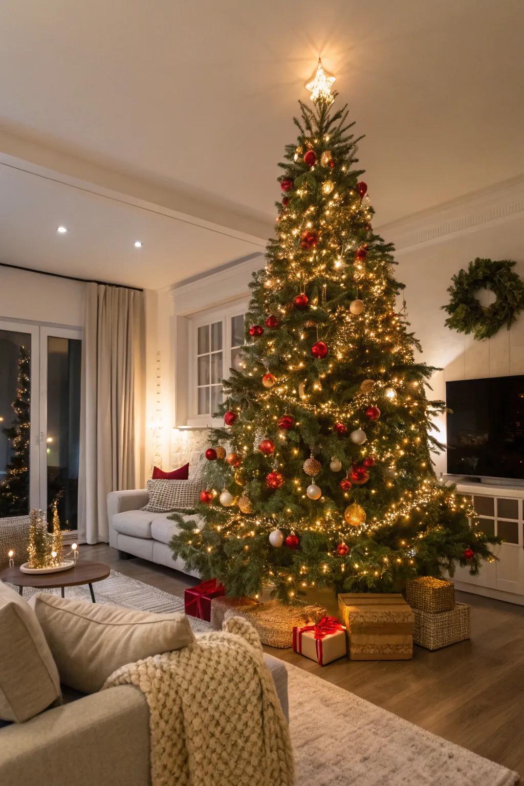 A stately Christmas tree dominates this joyful living area.
