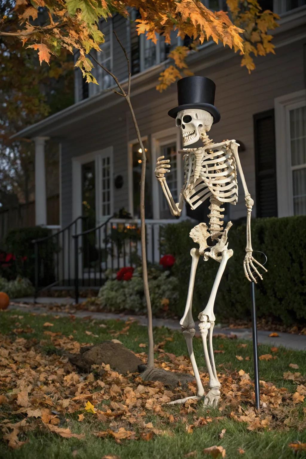 A distinguished skeleton with a high hat and walking stick brings a touch of fantasy.