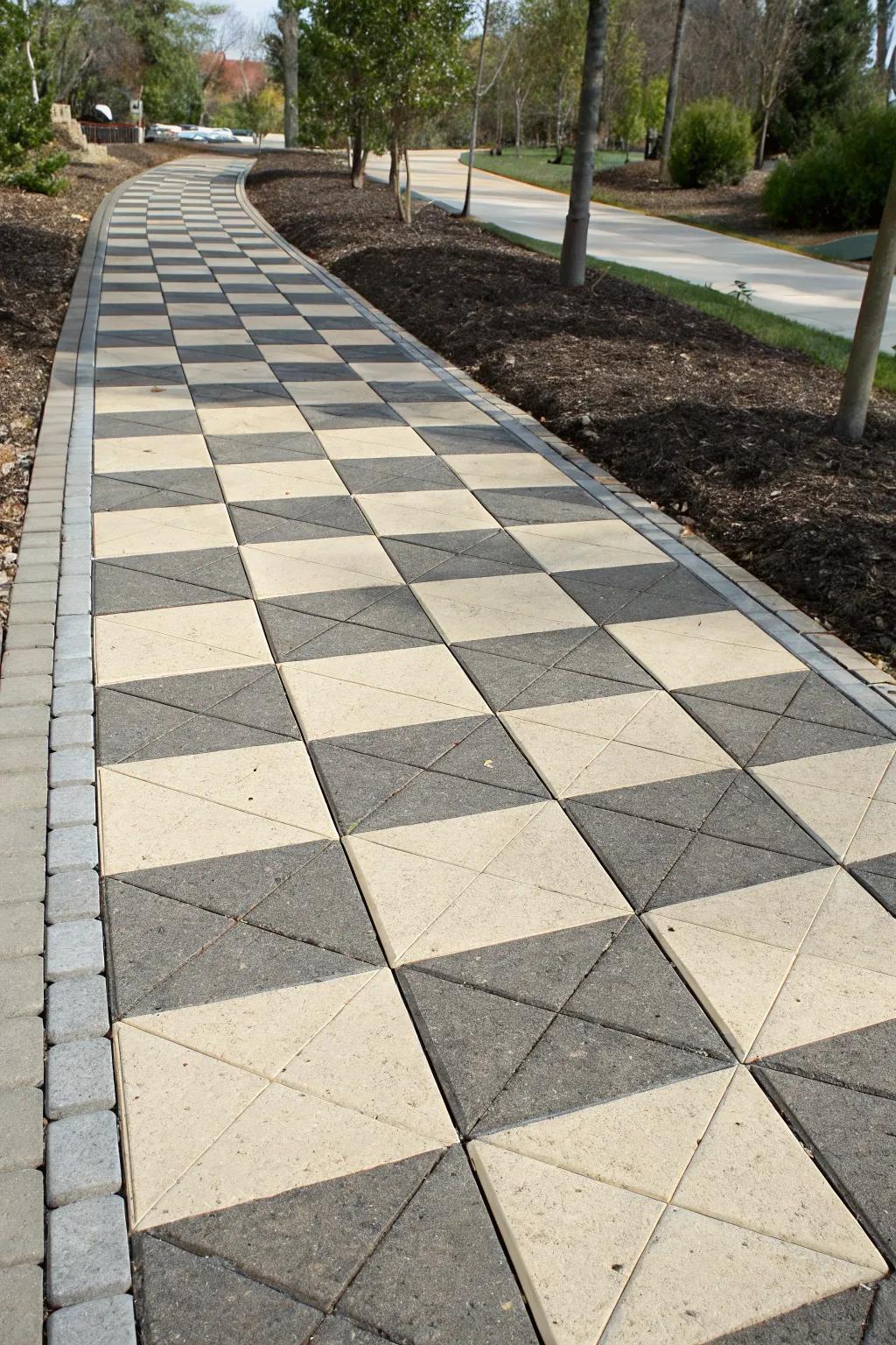 Timeless elegance achieved with a checkerboard pattern walkway.