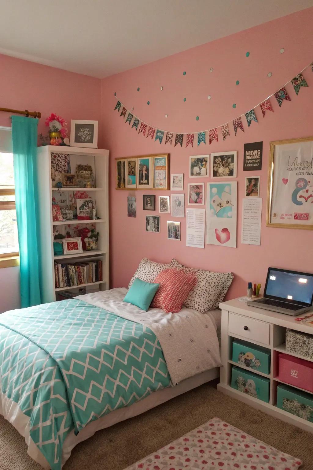 A peaceful room displaying a pastel color scheme, ideal for unwinding.