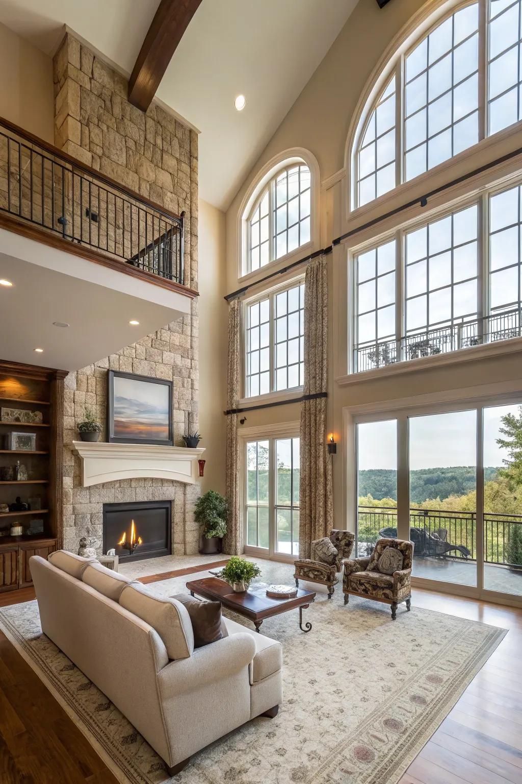 The great room's expansive window wall offers an awe-inspiring panorama.