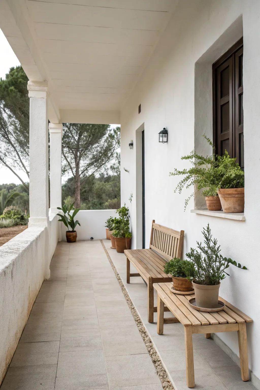 A minimalist front porch establishes a tranquil and modern atmosphere.