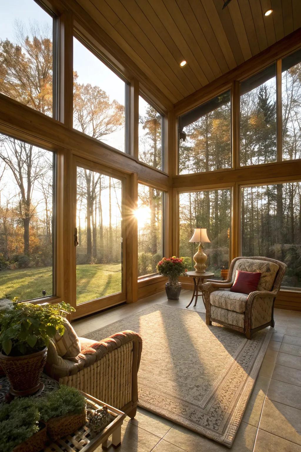 A radiant four season room featuring broad glass walls.