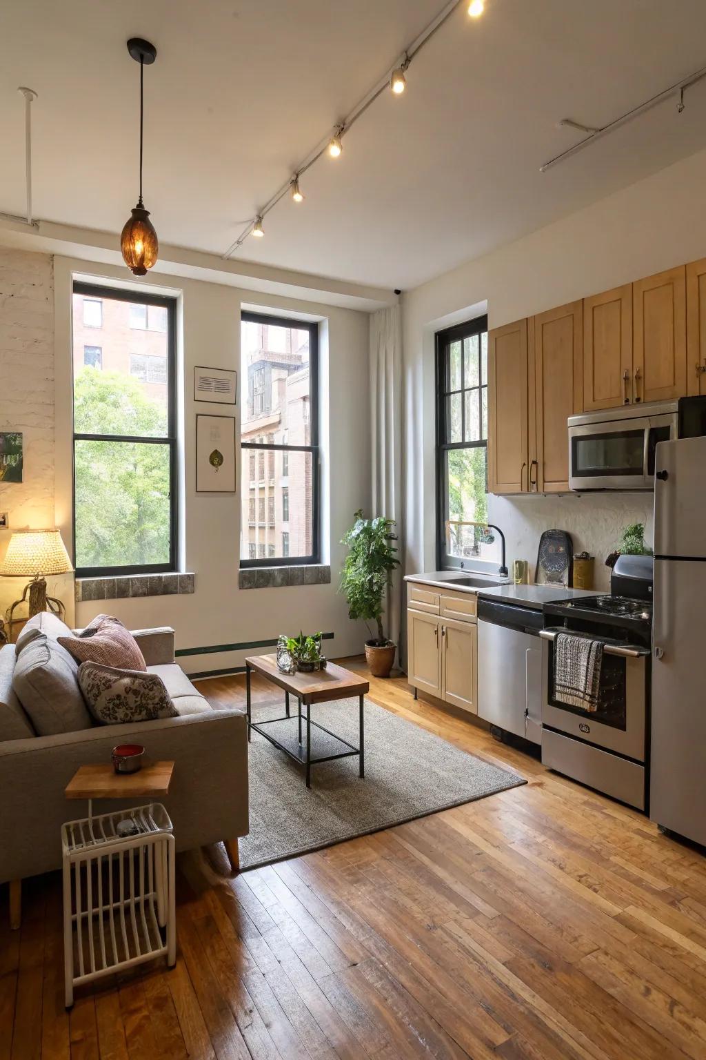 A seamless open floor plan combines the cooking and living areas.