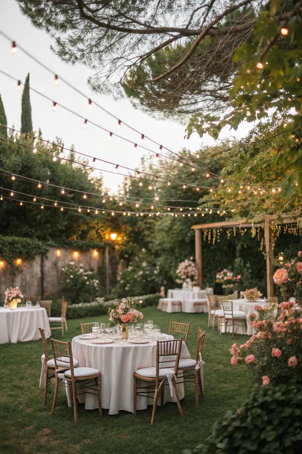 Throw an elegant garden party featuring stylish decor and soft, ambient lighting.