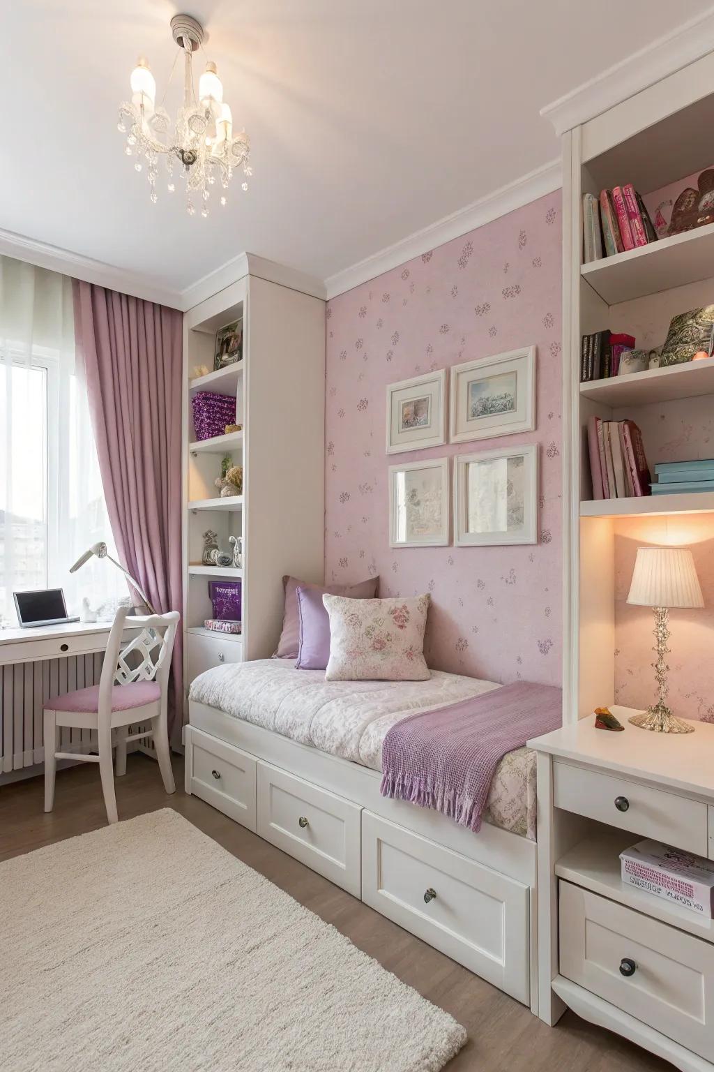 A seamless mix of pastel shades introduces a calm ambiance to this young girl's bedroom.