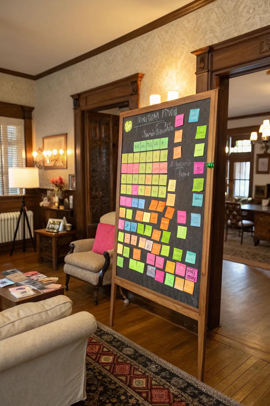 A display board adorned with radiant self-stick notes and shining highlighters.