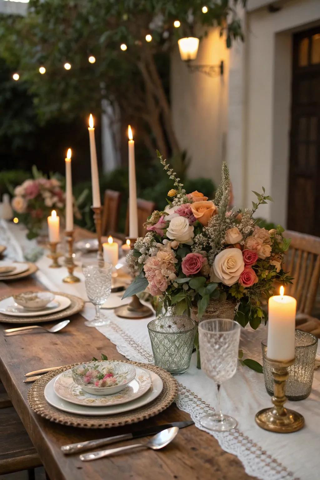 An exquisitely designed table adorned with blossoms and candles, ideal for a significant celebration.