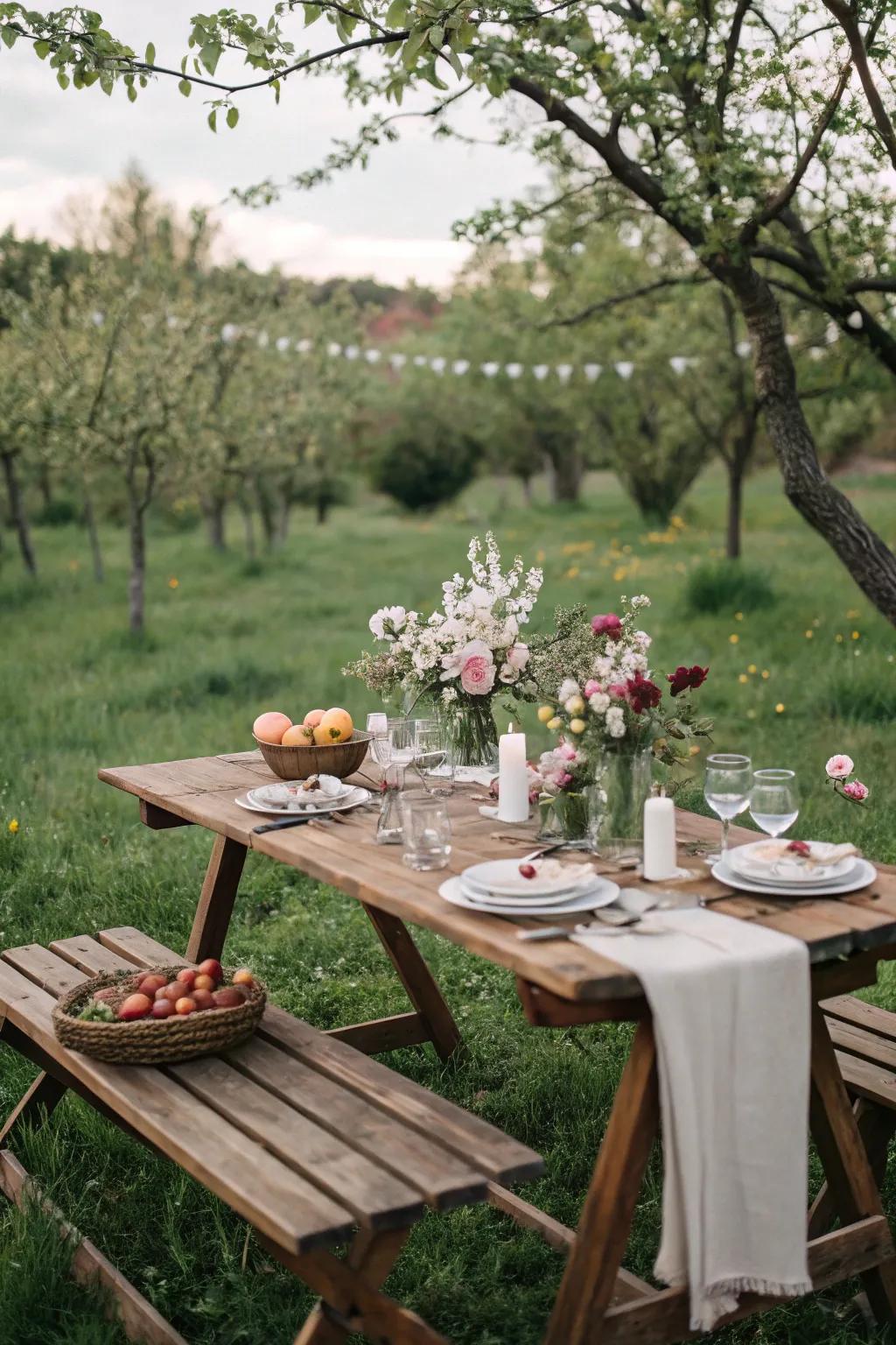A scenic dining table placed in a garden, prepared for guests.