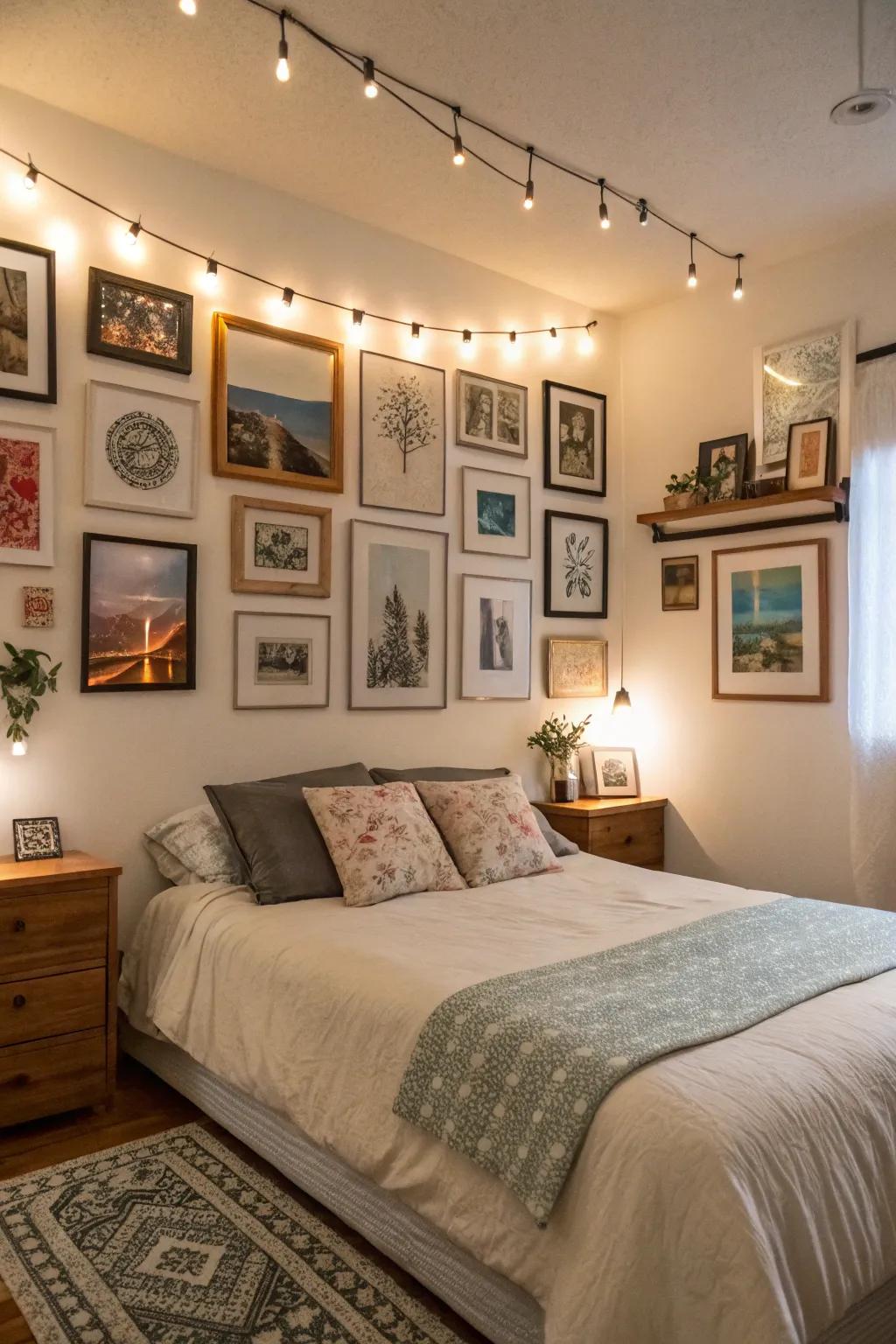 A lively arrangement of artwork above the bed introduces charm and individuality.