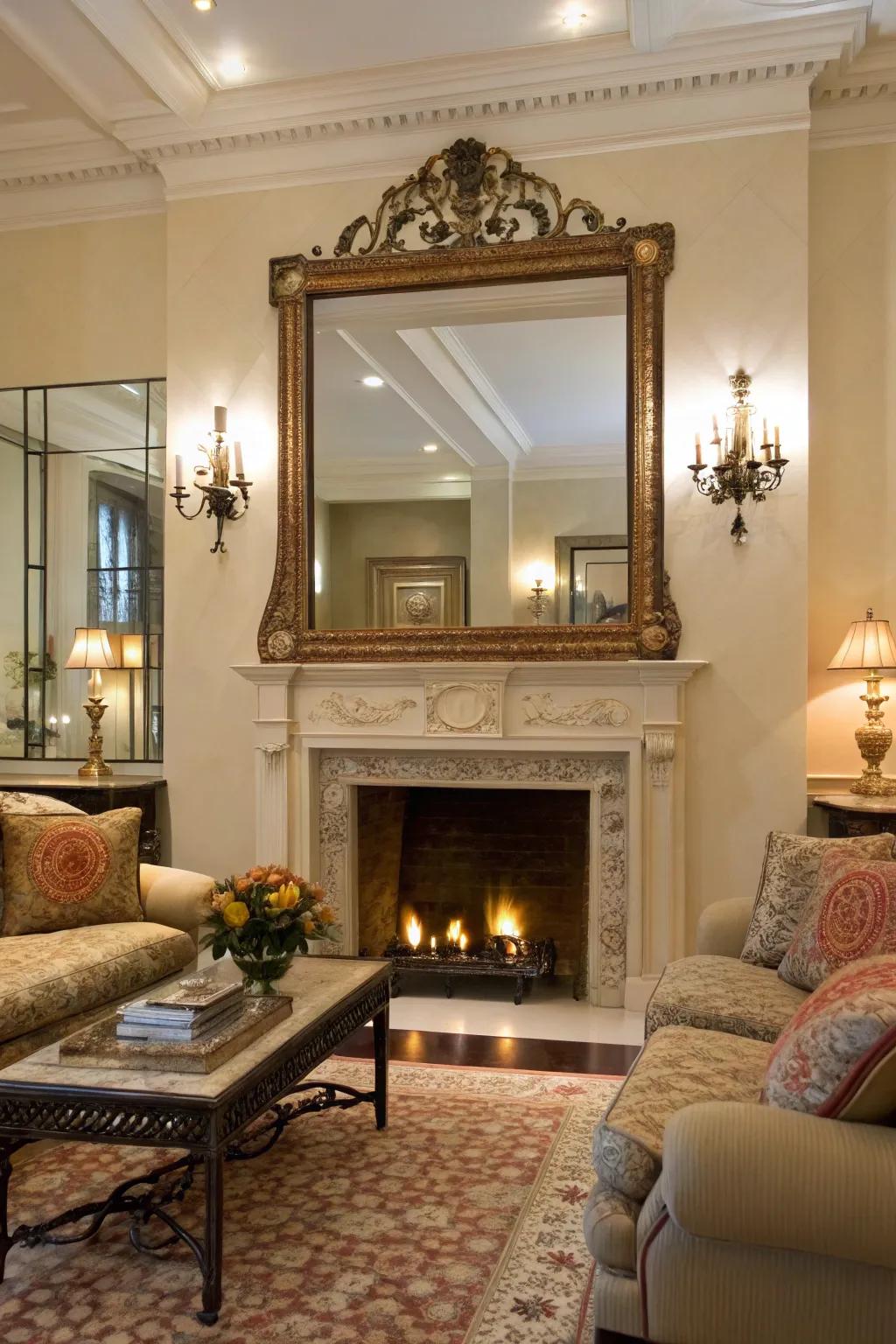 A sizable mirror above the fireplace dramatically improves the room's depth and brightness.