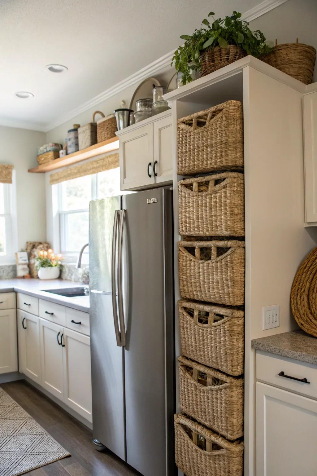 Embellish with woven baskets above the fridge for appealing storage.