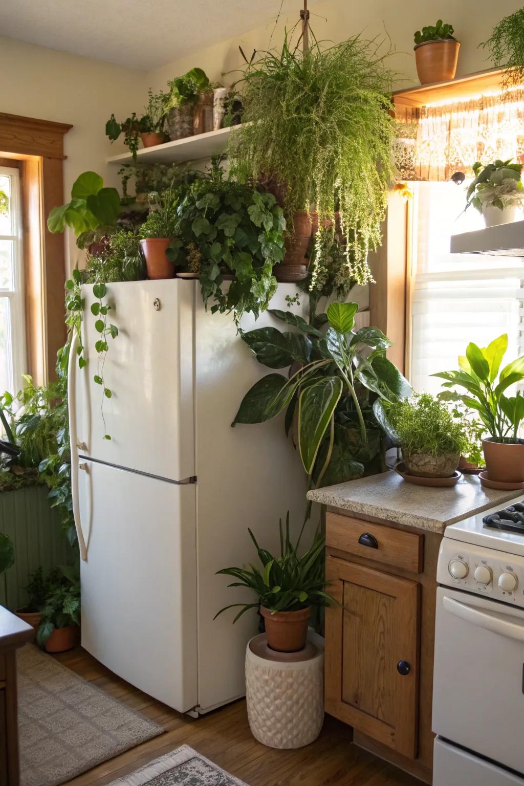 A bright mix of potted plants introduces an organic, natural aspect to the kitchen.