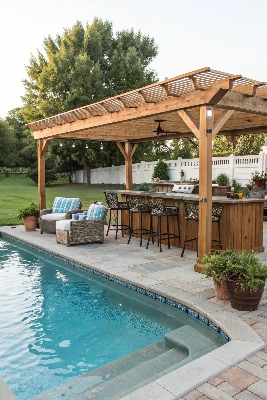 A pergola contributes elegance and practicality to your poolside bar setup.