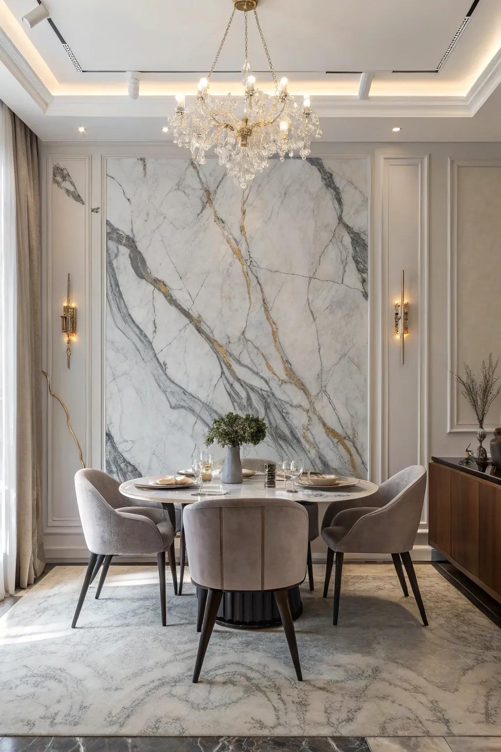 Fluid designs inspired by marble provide an elegant and serene setting for any area.