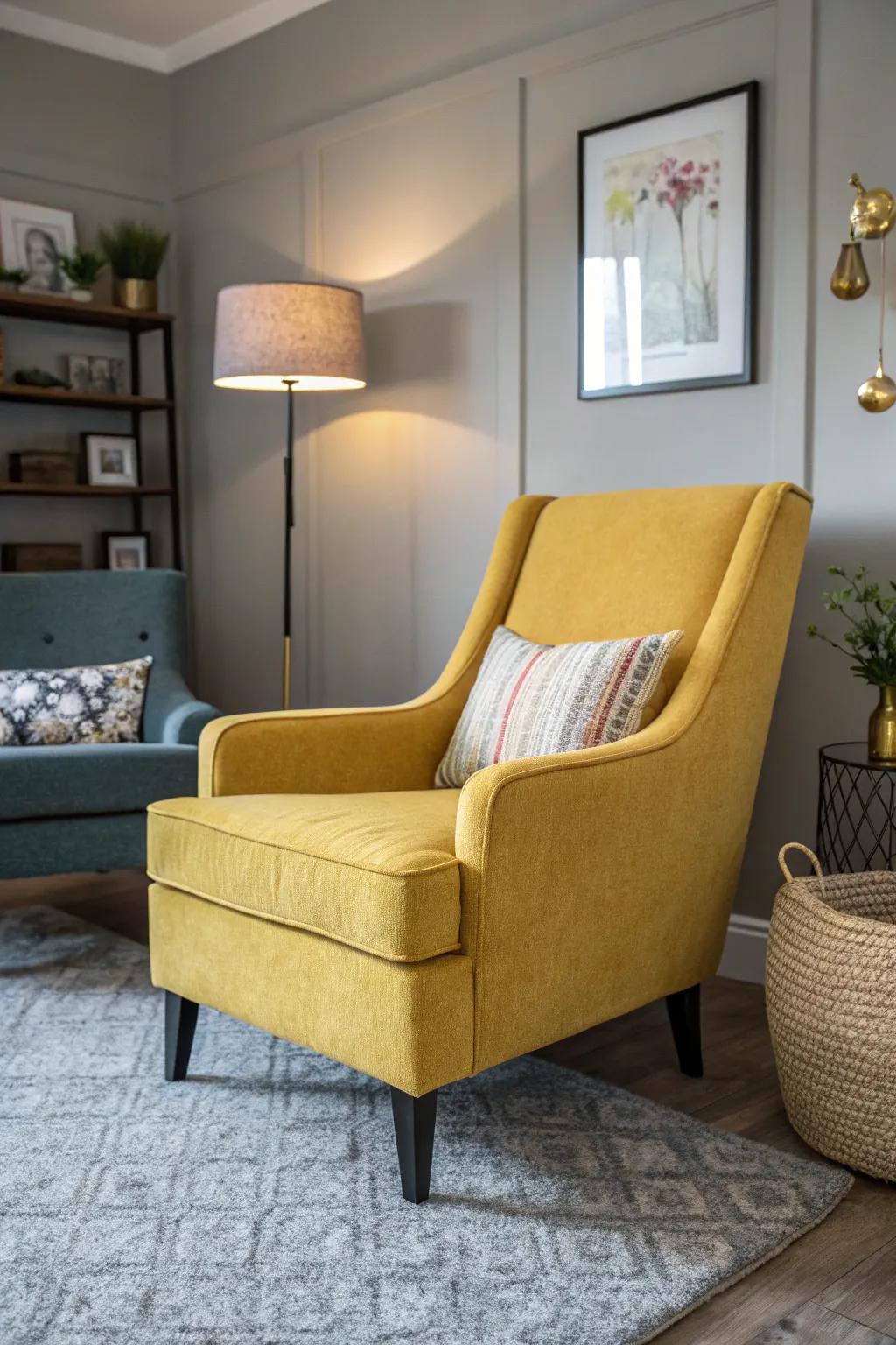 A marigold accent chair adds a lively burst of color to a neutral living room setup.
