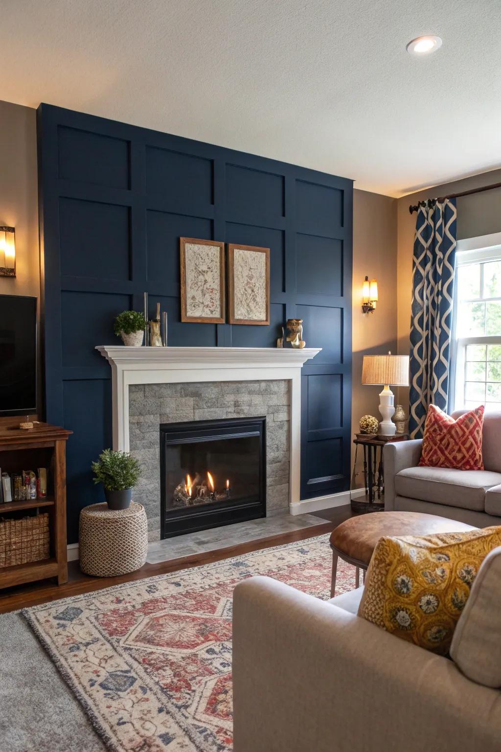 A striking navy accent wall beautifully showcases the modern fireplace.