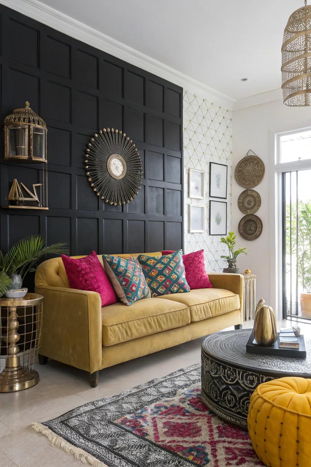 A contemporary living space featuring a black accent wall and lively furnishings.
