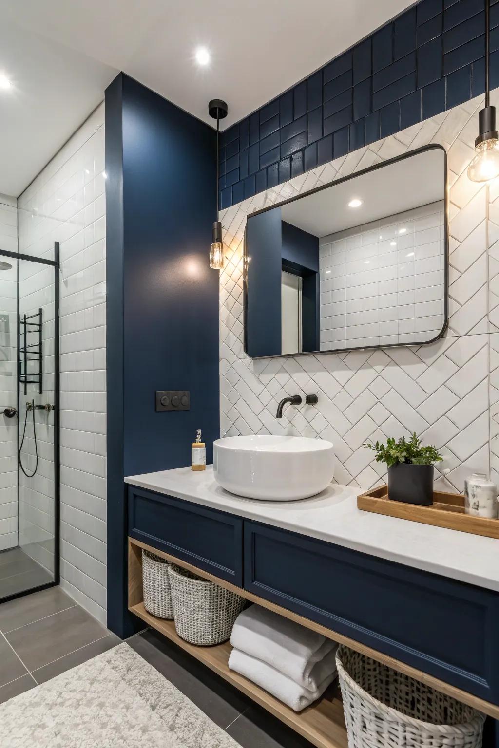 A striking hue highlight wall injects depth and individuality into any washroom.