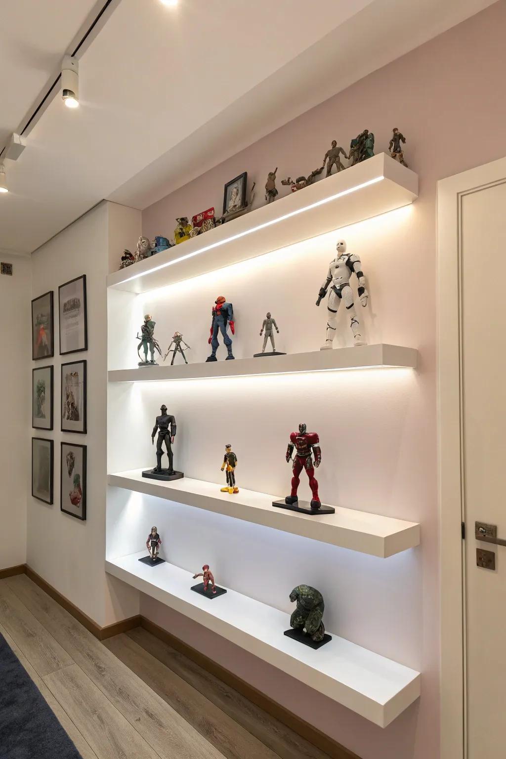 Floating shelves offer a contemporary way to showcase your collection.