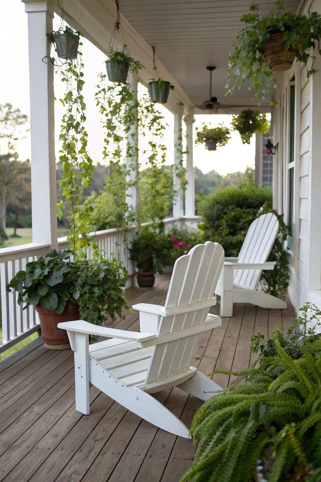 Timeless white <strong><em>Adirondack</em></strong> chairs, exemplifying classic elegance.” loading=”lazy” class=”pimg”>
	</picture><figcaption>Timeless white <strong><em>Adirondack</em></strong> chairs, exemplifying classic elegance.</figcaption></figure>
<p><strong><em>White Adirondack</em></strong> seating exudes a classic charm, effortlessly complementing any exterior design. I’m particularly fond of the pristine, tranquil atmosphere they foster, making them ideal for a serene garden getaway.</p>
<h3>These products might help:</h3>
<ul class=