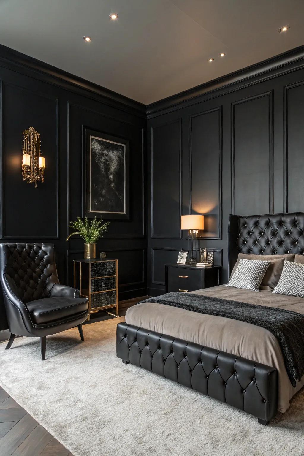 A boudoir showcasing ebony walls and furnishings, exemplifying a unified deep pigment scheme.
