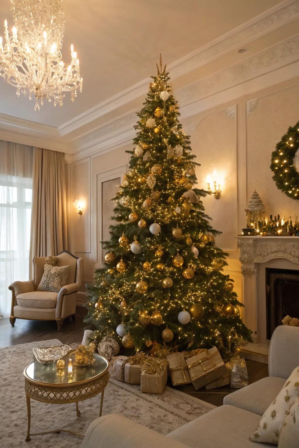 A Christmas tree that emanates gilded radiance due to its glistening ornaments and soft illumination.