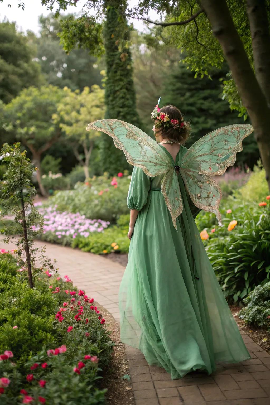An enchanted woodland sprite amidst a captivating garden setting.
