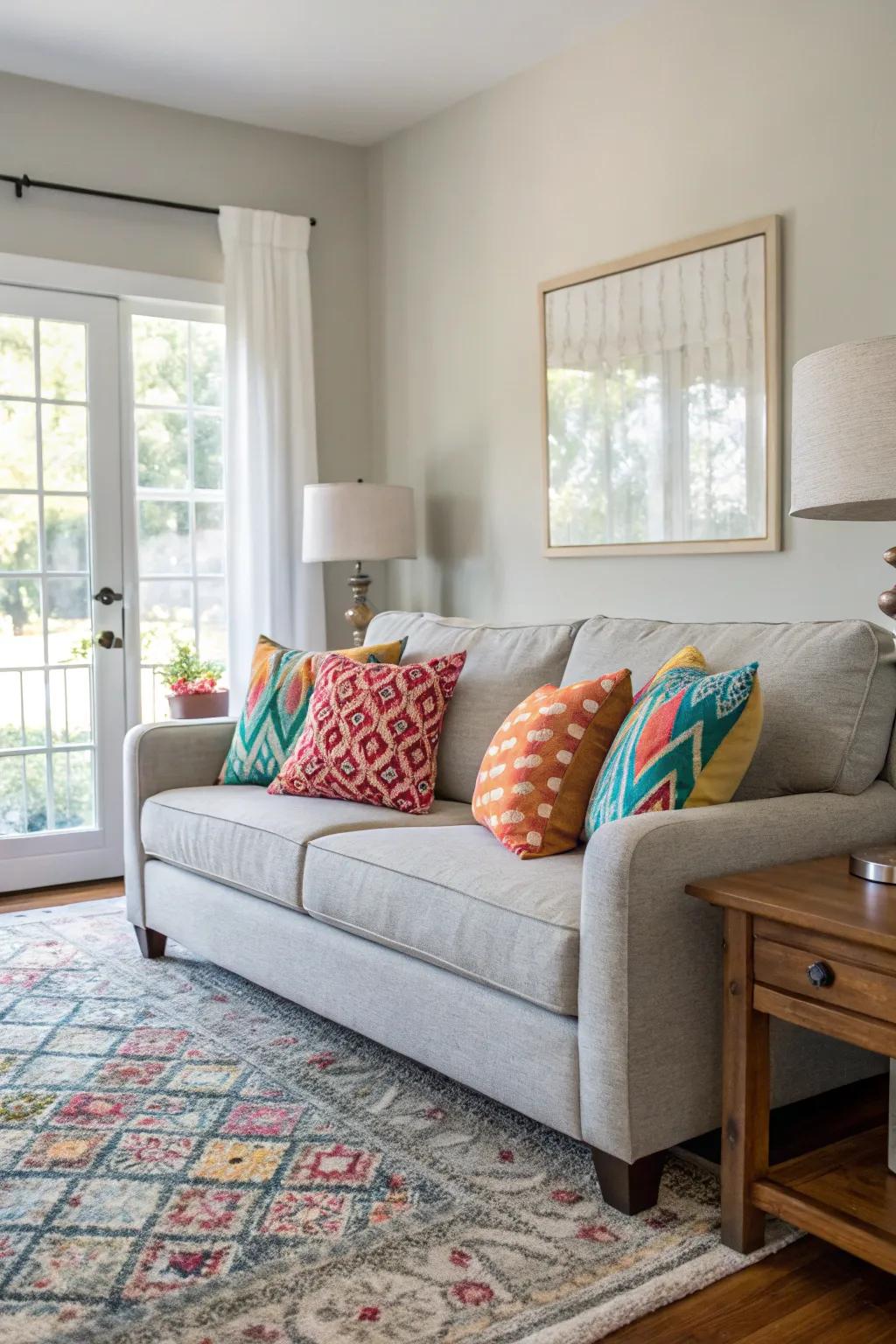 A serene living area showcases a subtle color scheme complemented by lively details.