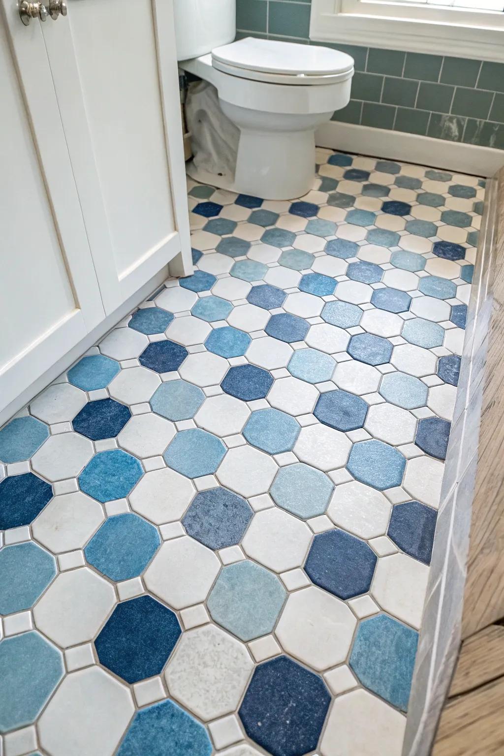 Hexagonal tiles enhance depth and flair in any bathroom setting.
