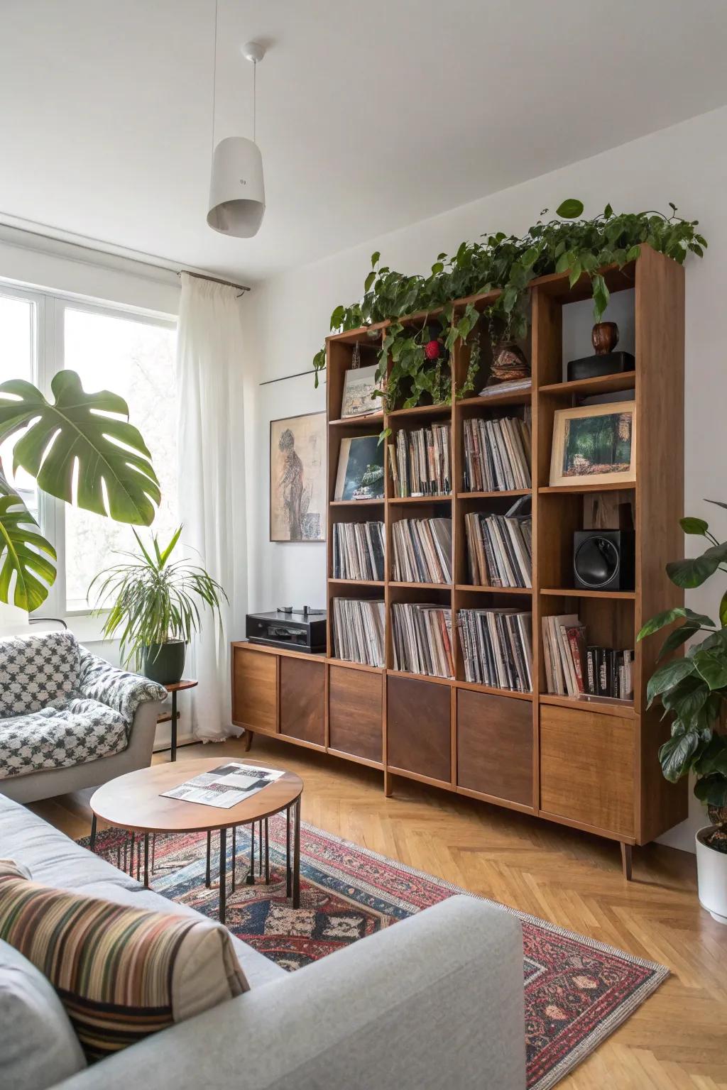 A modern shelving unit that showcases vinyl records alongside carefully chosen decorative items.