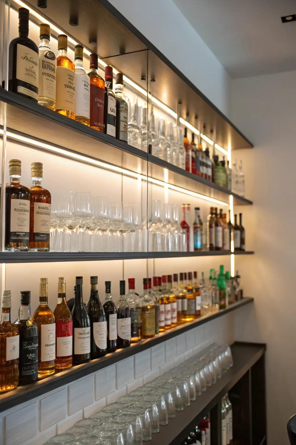 Refined shelves fixed to the wall, presenting a varied assortment of spirit bottles and glasses.