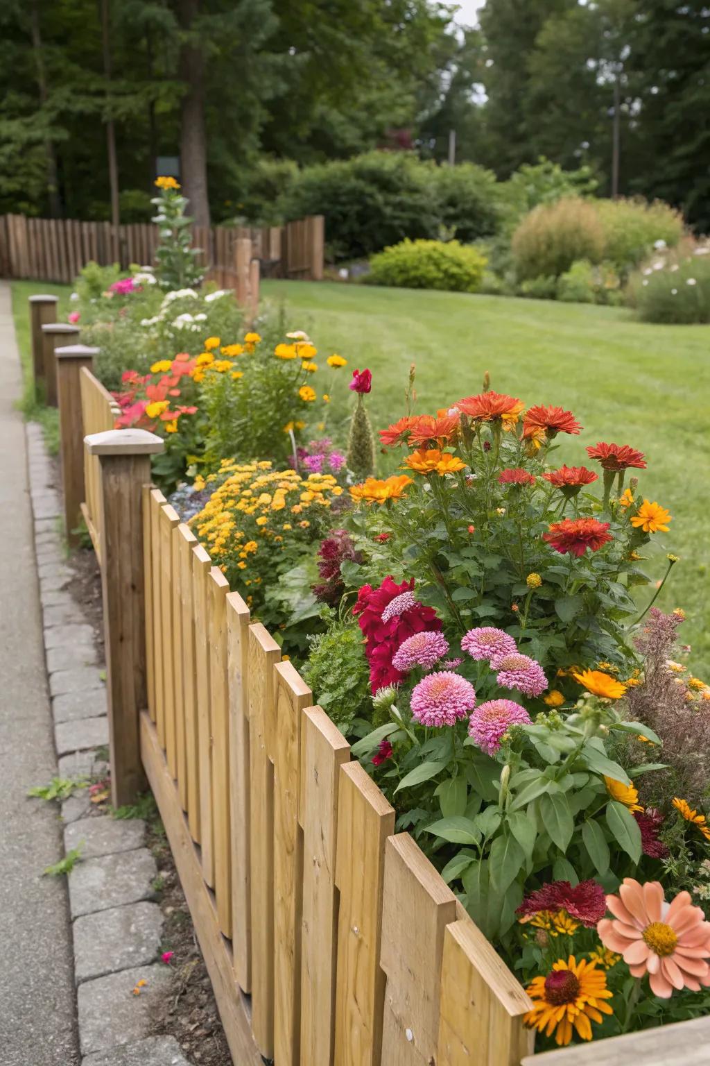 A bright flower bed enhances the fence line with beauty.