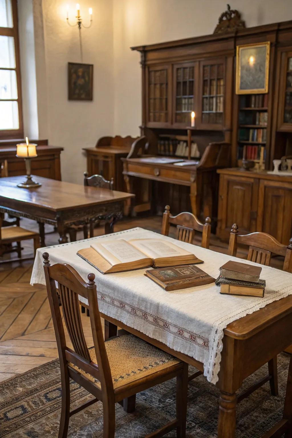 Vintage wood furniture enriching a modern space with history and grace.