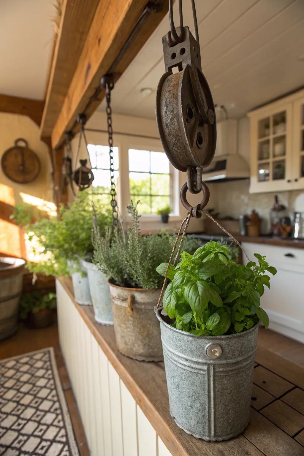 A lifter-driven herb garden introduces freshness and elegance to the heart of the household.