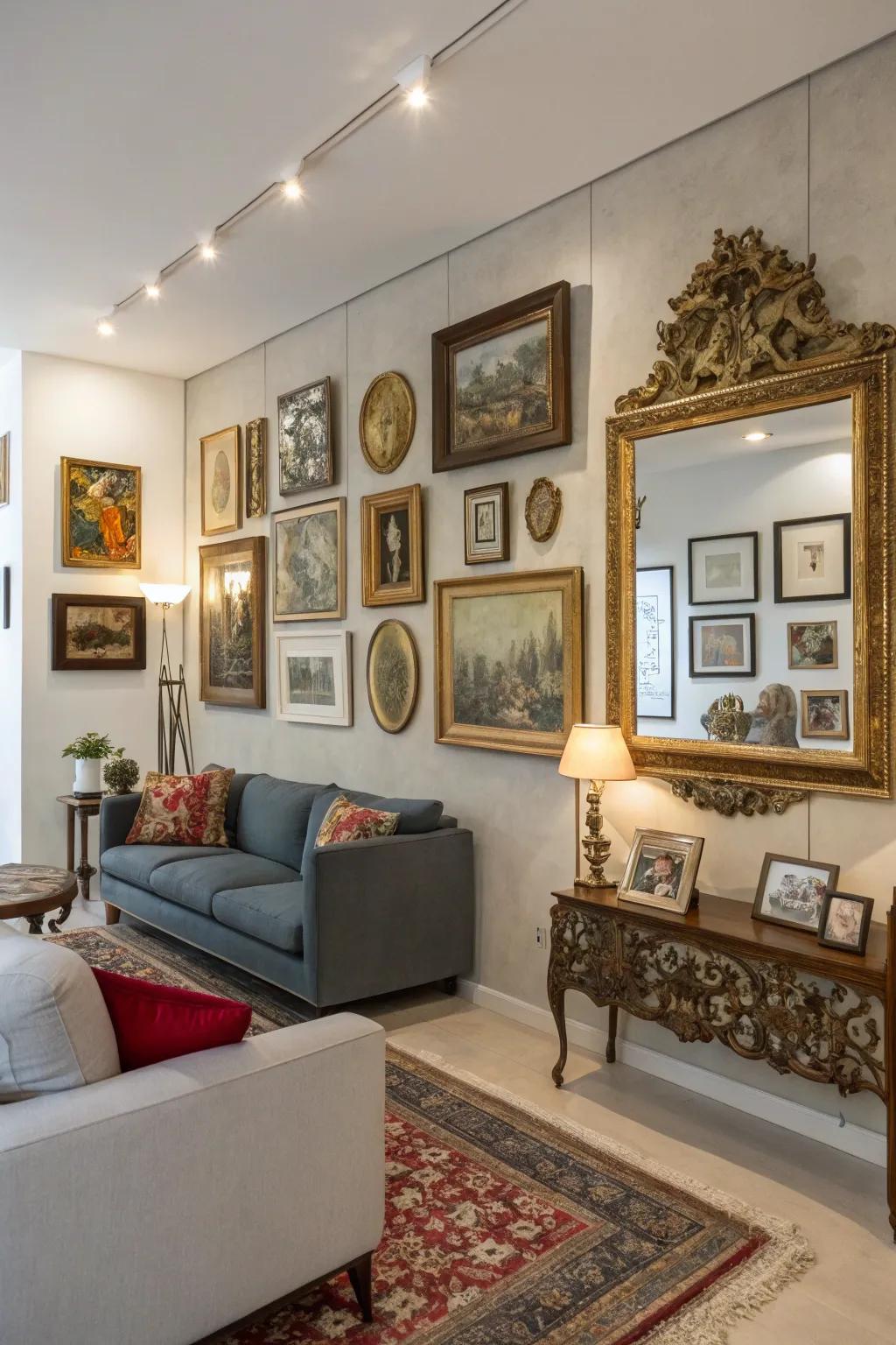 An enthralling wall of memories with classic paintings and looking glasses.