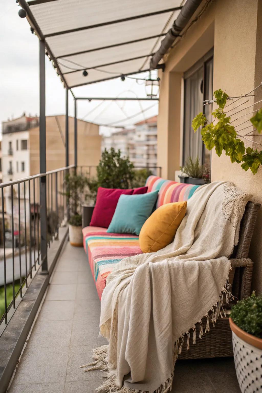 A comfortable seating nook with vibrant cushions is ideal for relaxing.
