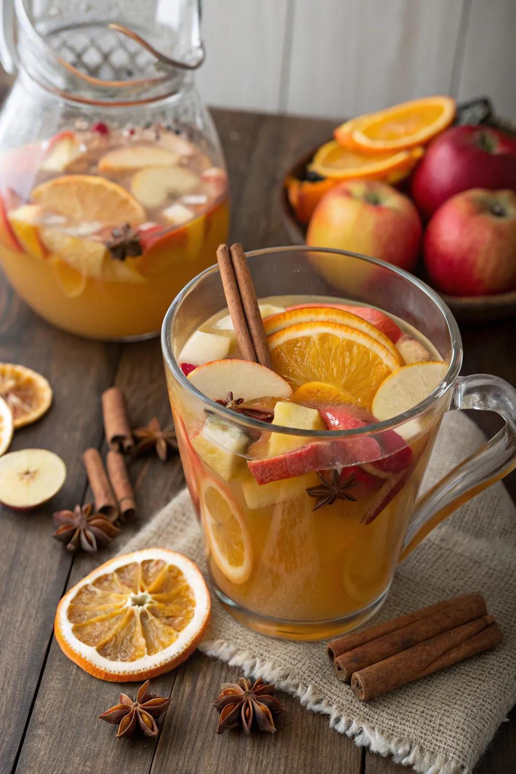 Timeless apple cider punch adorned with lively garnishes.