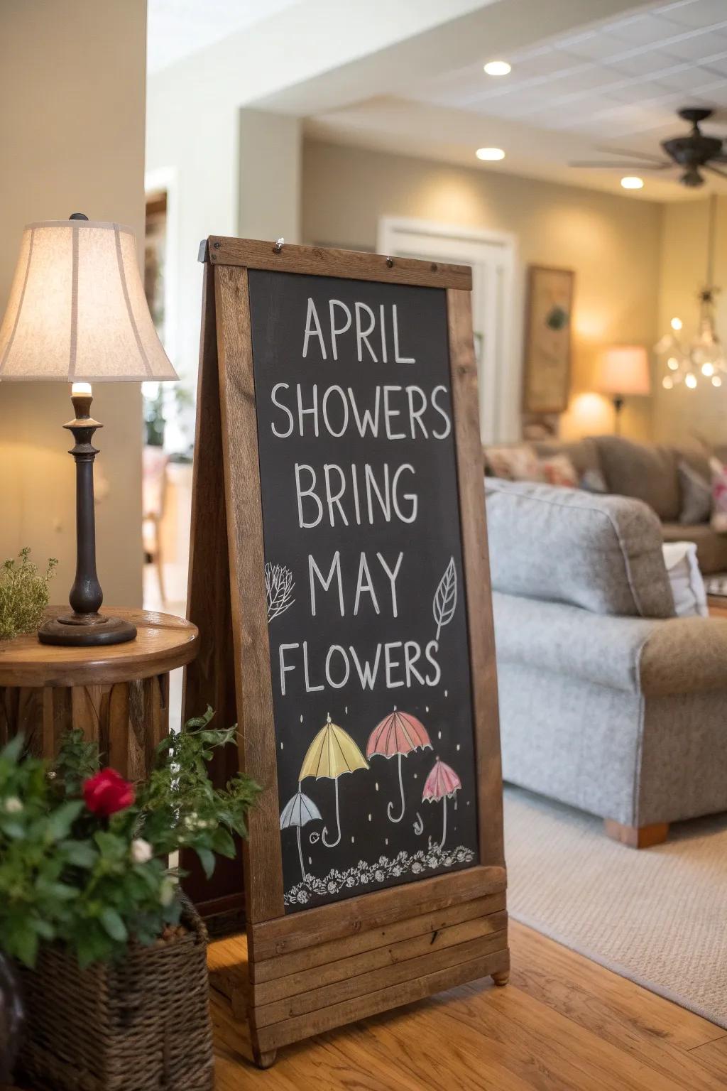 Art showcasing April showers using parasols and raindrops.