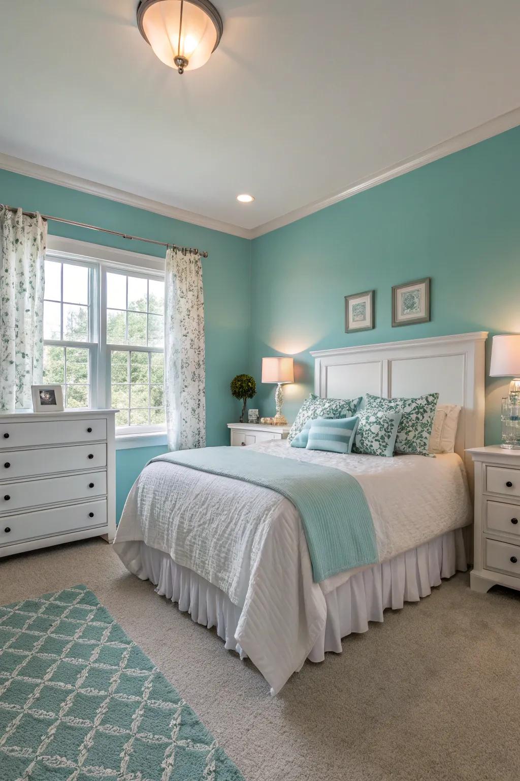 Sea-tinted walls establish a serene bedroom atmosphere.