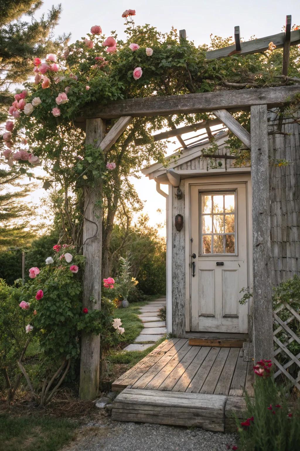 A country-style wood portal adorned with climbing roses for an ageless entrance.