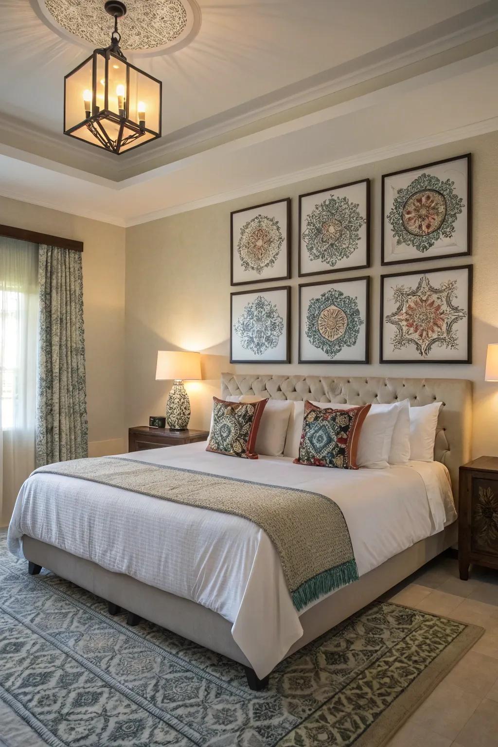Discover serenity through symmetrical art arrangements over your bed.