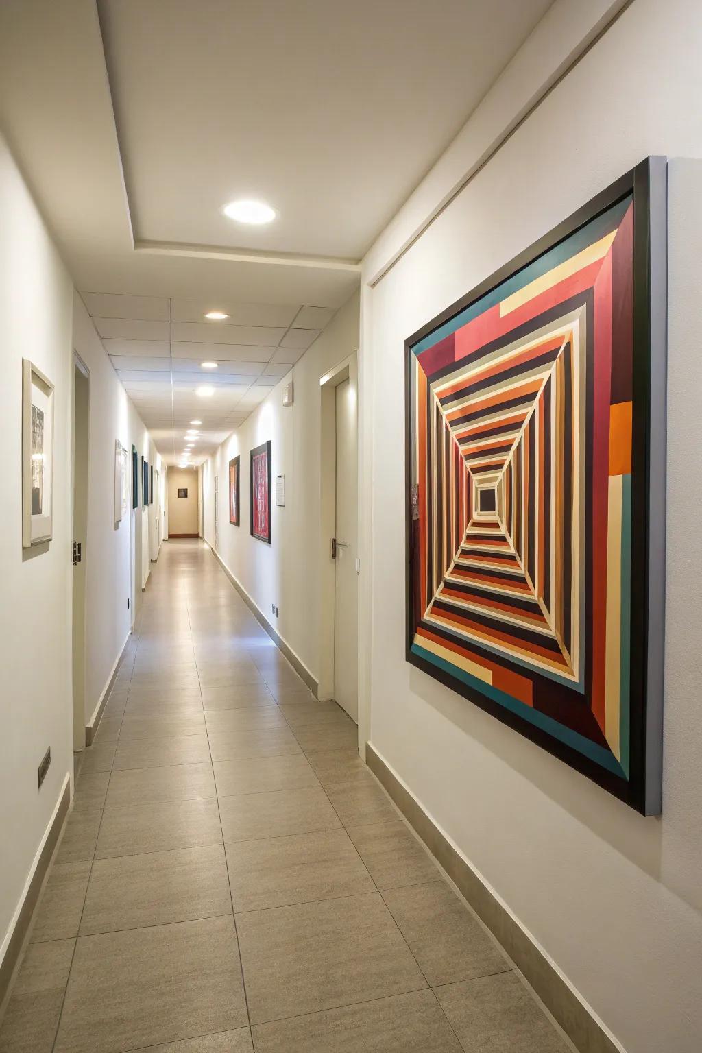A hallway elevated by an exquisite 3D optical illusion painting, enhancing the room's depth and allure.