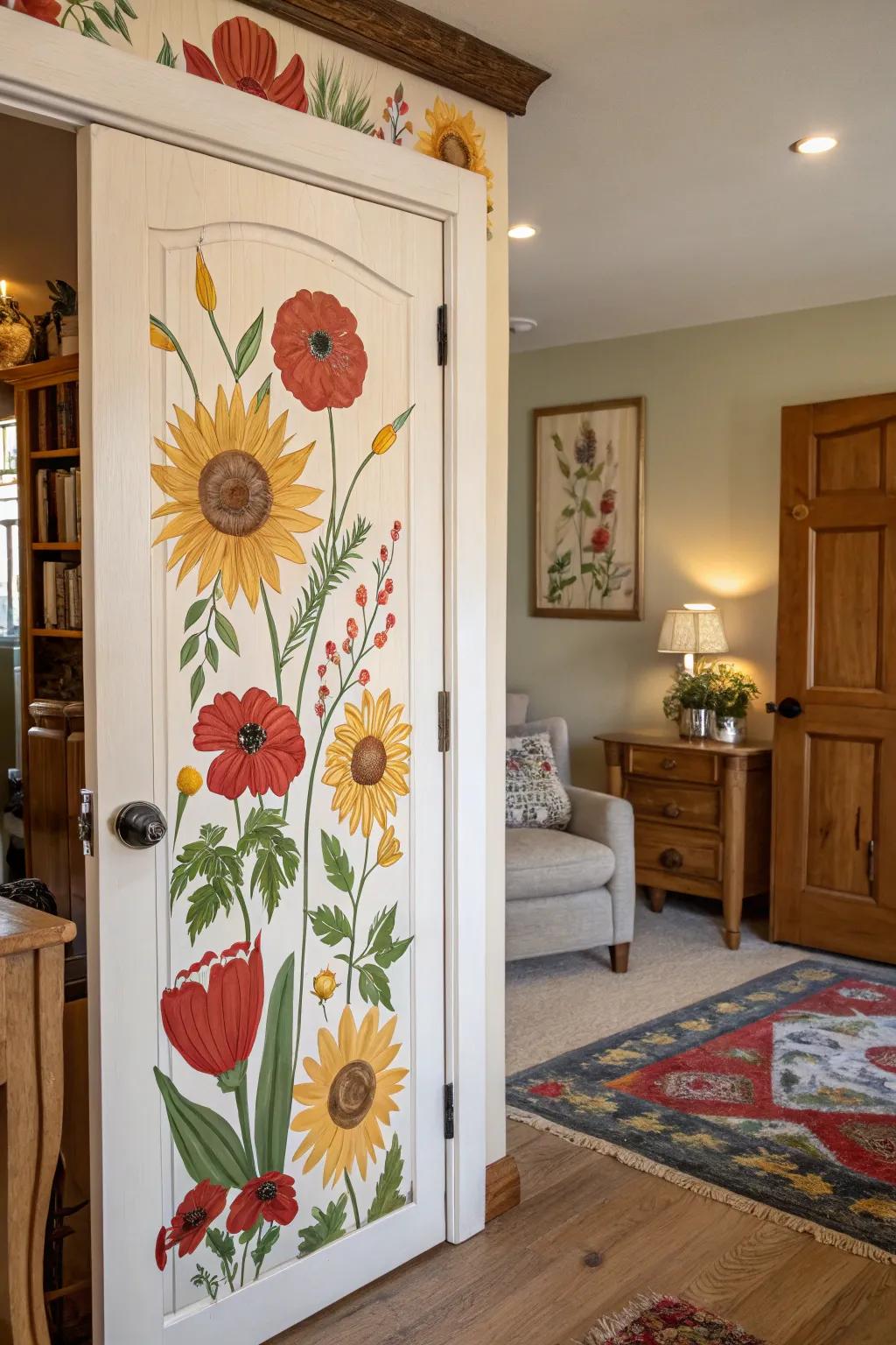 A door transformed into a vibrant floral artwork featuring sunflowers and poppies.