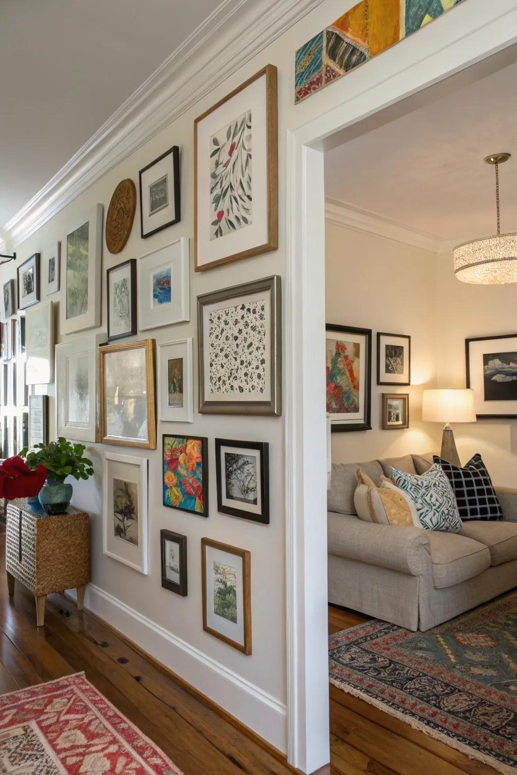 A traditional gallery wall can effortlessly enhance the ambiance of any space, adding a touch of timeless elegance.